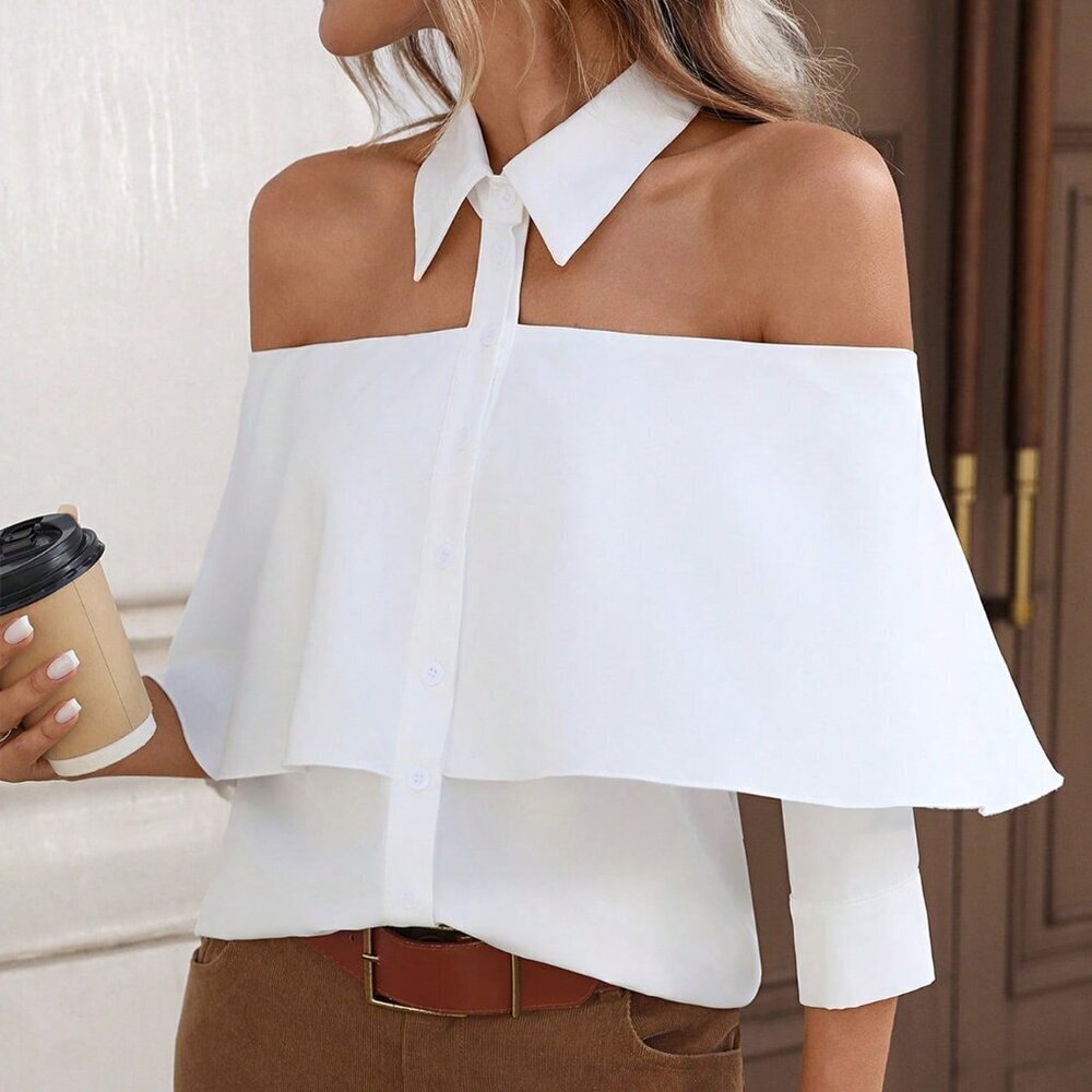 White Casual Women's Off-Shoulder Long Sleeve Blouse - Picture 4 of 6